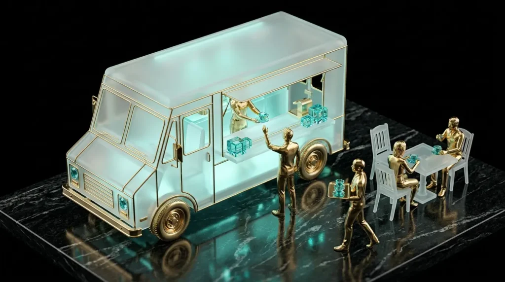 Maqueta conceptual de food truck de cristal y oro con figuras doradas de clientes y empleados, representando una sucursal de ventas de Google Business